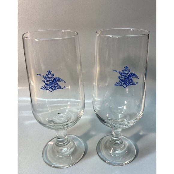 Vintage 1970s Anheuser Busch Budweiser Beer Pedestal Glass Lot Of 2 Minty Rare - Picture 1 of 4